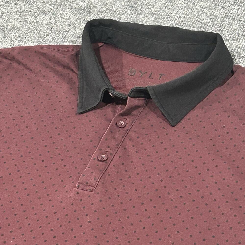 BYLT Men's L Drop Cut Lux Polo Shirt Burgundy Black Trim Polka Dot Short Sleeve